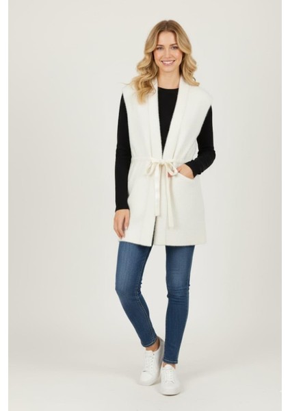 Kadın Kemer Detaylı Triko Yelek M6670K25 Ekru