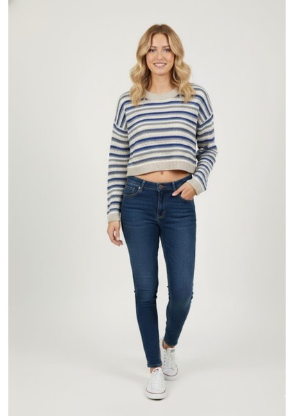 Kadın Mavi Çizgili Crop Triko Kazak M436K26 Mavi