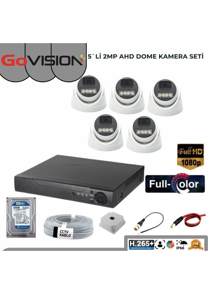 Go Vision 5'li Dome Kamera Seti 2mp 3.6mm Full Color Serisi