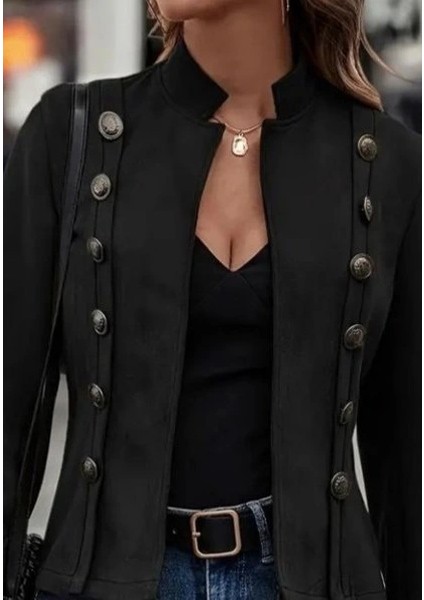 Kadın Uzun Kollu Hakim Yaka Yanlardan Düğmeli Kısa Süet Ceket fiyatları