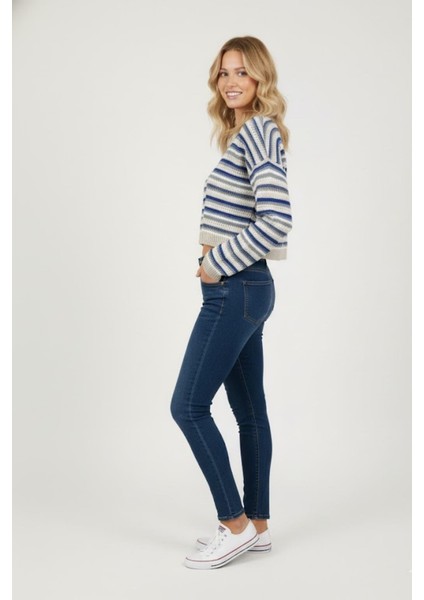 Kadın Mavi Çizgili Crop Triko Kazak M436K26 Mavi fiyatları
