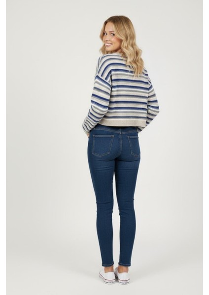 Kadın Mavi Çizgili Crop Triko Kazak M436K26 Mavi fırsatları
