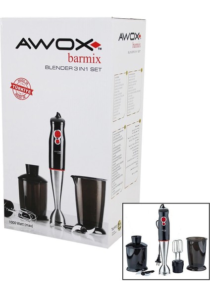 Awox Barmix 3in1 Blender Seti Çelik 2li Mikser Çelik Rondo Bıçak Çelik 4 Kanatlı Bıçak 1000W (5148)