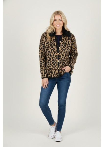 Kadın Leopar Desenli Siyah Yaka Detaylı Hırka M6744 Leopar