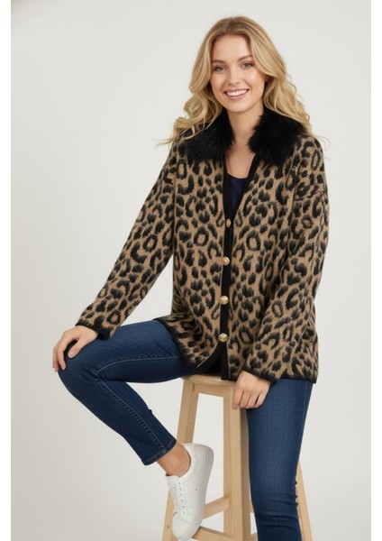 Kadın Leopar Desenli Siyah Yaka Detaylı Hırka M6744 Leopar fiyatları