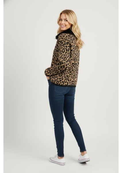 Kadın Leopar Desenli Siyah Yaka Detaylı Hırka M6744 Leopar fırsatları