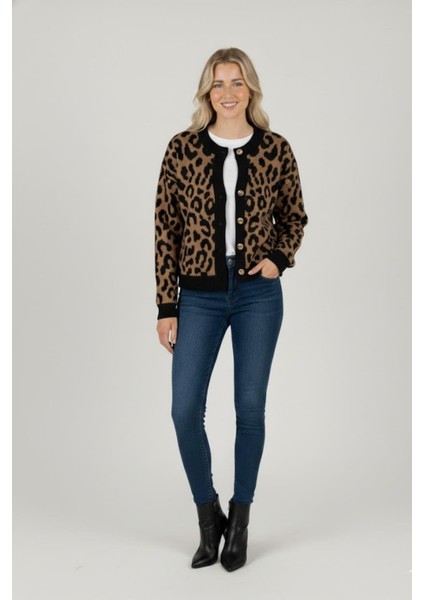 Kadın Leopar Desenli Triko Hırka M6729 Leopar