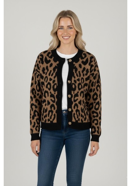 Kadın Leopar Desenli Triko Hırka M6729 Leopar modelleri