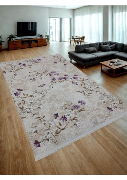 Elit Saçaklı Lial Kahve Çiçekli Kabartmalı Kaymaz Taban Yıkanabilir Kesme Yolluk Halı