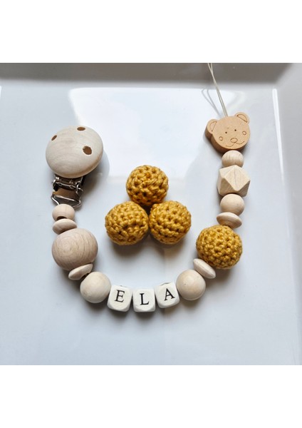 Ayıcıklı Hardal Isimli Bebek Emzik Zinciri Askısı