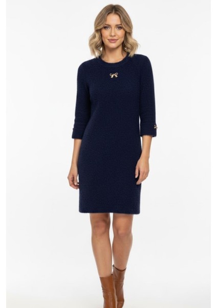Kadın Fiyonk Detaylı Triko Elbise M7504 Lacivert