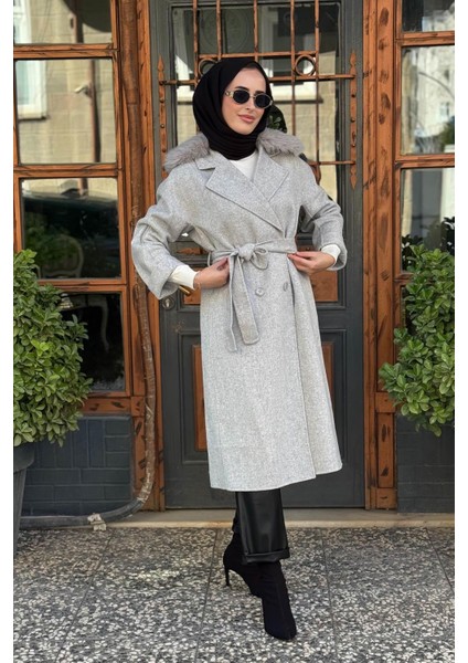 Premium Yün Kürklü Kruvaze Düğmeli Kaban KA-A23-17024 Gri