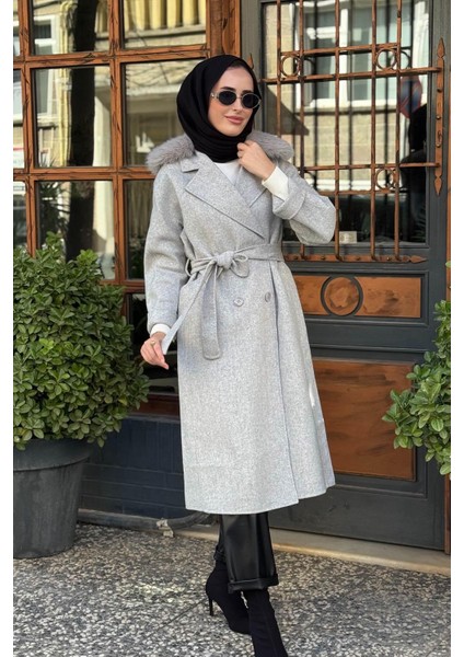 Premium Yün Kürklü Kruvaze Düğmeli Kaban KA-A23-17024 Gri fiyatları