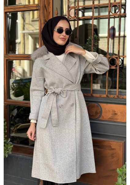 Premium Yün Kürklü Kruvaze Düğmeli Kaban KA-A23-17024 Gri modelleri