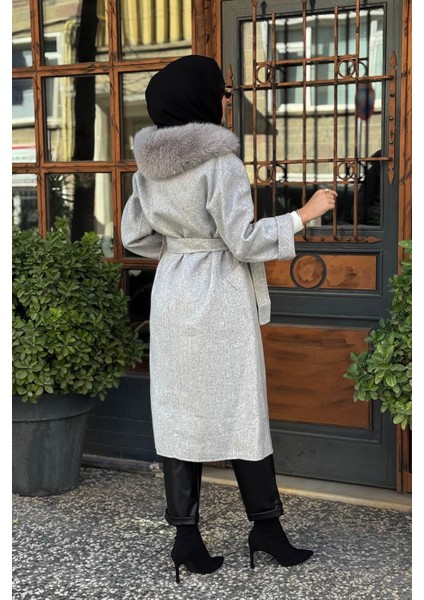 Premium Yün Kürklü Kruvaze Düğmeli Kaban KA-A23-17024 Gri fırsatları