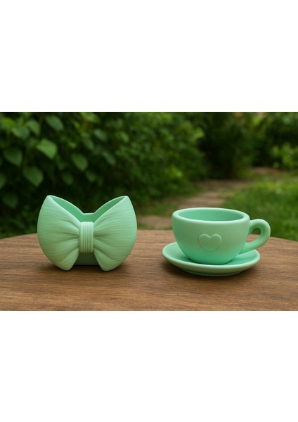 2'li El Yapımı Saksı Seti - Handmade Taş Tozu Fiyonk Fincan Tasarım Sukulent Mumluk Dekoratif Biblo