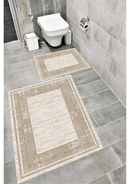 Kaymaz Tabanlı Suya Dayanıklı Dijital Baskılı Banyo Paspası Takımı | Bordo Halı 1525