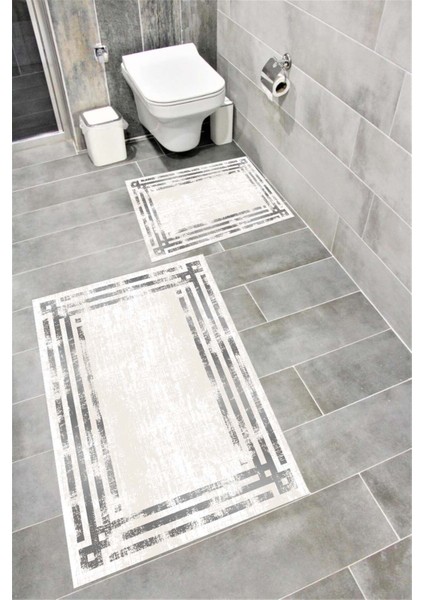 Su Emici Yumuşak Kaymaz Sünger Dolgulu Yıkanabilir Dekoratif Banyo Paspası TAKIMI-1074SILVERYGRI