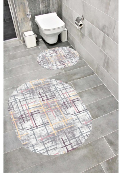 Su Emici Yumuşak Kaymaz Taban Sünger Dolgulu Yıkanabilir Dekoratif Banyo Paspası Takımı Linaoval