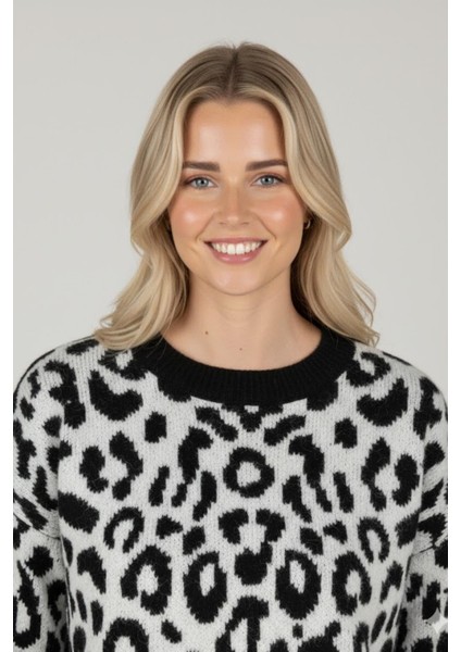 Kadın Leopar Desenli Triko Kazak M6702 Siyah modelleri