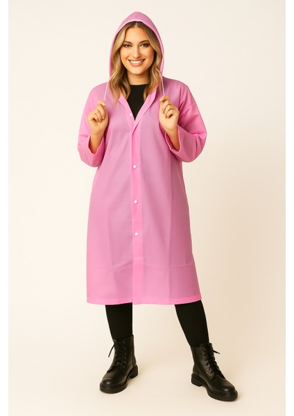 Unisex Su Geçirmez Kapüşonlu Pembe Yağmurluk | Boy 120 cm – En 70 cm