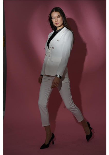 SUR Manga Moda Düğmeli Diana Blazer Ceket M4488 Beyaz