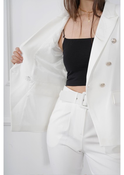 SUR Manga Moda Düğmeli Diana Blazer Ceket M4488 Beyaz fırsatları