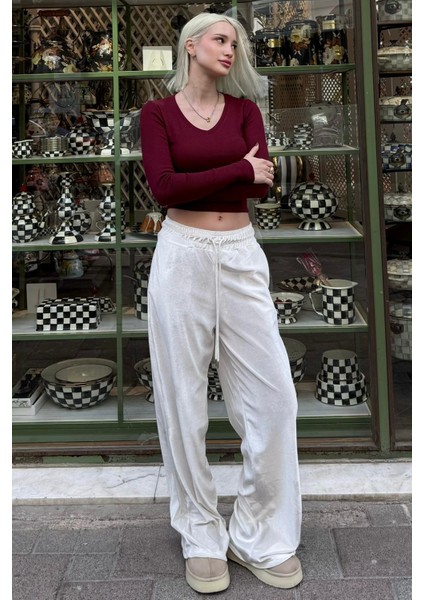 Ekru Bol Paça Kadife Pantolon MG2283