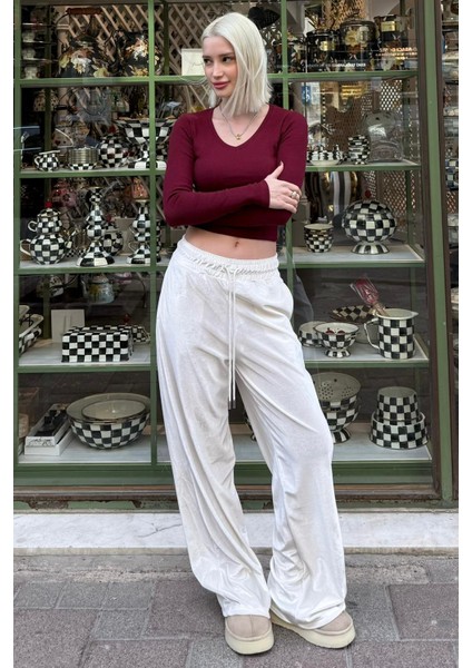 Ekru Bol Paça Kadife Pantolon MG2283 modelleri