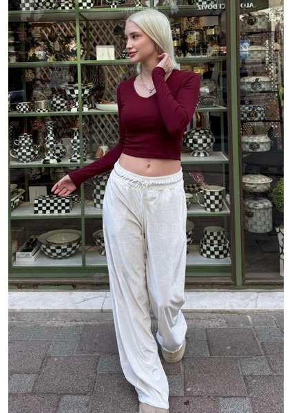Ekru Bol Paça Kadife Pantolon MG2283 fırsatları