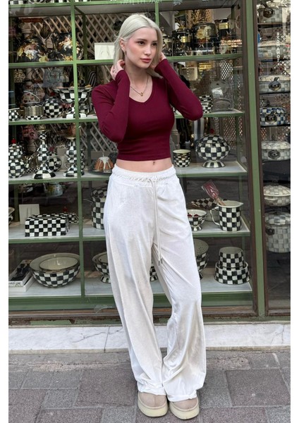 Ekru Bol Paça Kadife Pantolon MG2283 indirimleri