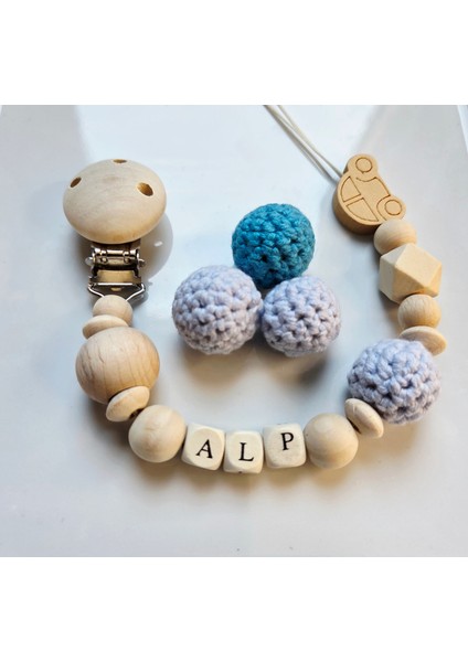 Arabalı Mavi Isimli Bebek Emzik Zinciri Askısı