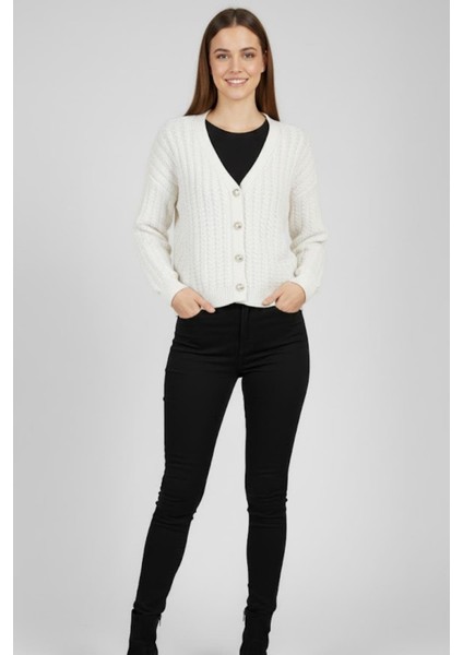 Metal Düğmeli Örgü Hırka M478K26 Taş