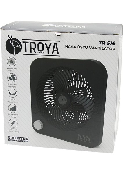 Masa Üstü Vantilatör FAN=22CM 3 Kademe Hız 40W 3 Pervane Siyah PLS.STAND=28X27X13CM TR-516 (5148)