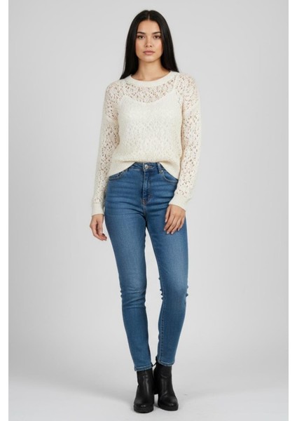 Kadın Krem Ajurlu Triko Kazak M1191 Bej