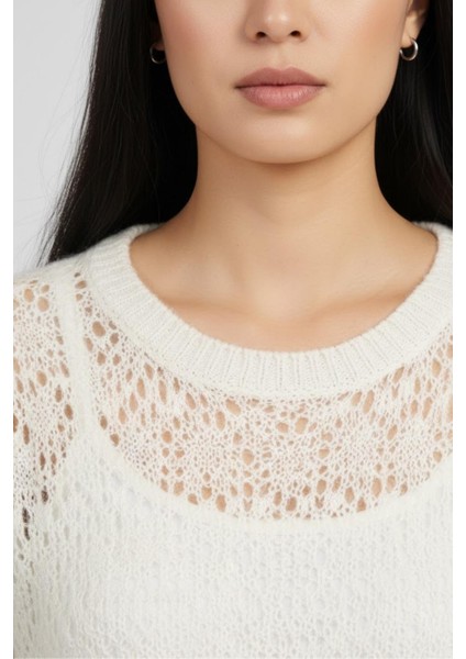 Kadın Krem Ajurlu Triko Kazak M1191 Bej modelleri
