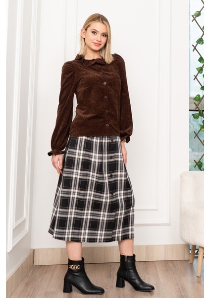 Kadife Gömlek Fırfır Yaka Detaylı ve Ekose Düğme Detaylı Etek 1280