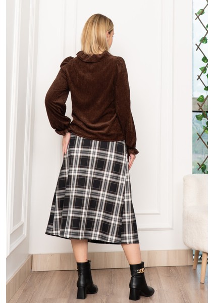 Kadife Gömlek Fırfır Yaka Detaylı ve Ekose Düğme Detaylı Etek 1280 fırsatları