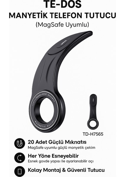 TD-H7565 Magnetik Magsafe Uyumlu Bükülebilen Eğimi ve Düz Zemin Torpido Üstü Araç Telefon Tutucu