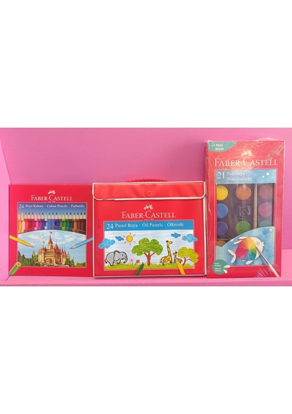 Faber Castell 24'lü Kuru Boya Kalemi , 24 'lü Çantalı Pastel Boya , 21' Li Sulu Boya (3'lü Set )