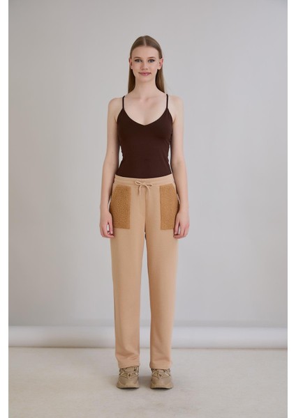 Kadın Beli Lastikli Regular Kalıp Triko Garnilli Üç Iplik Vizon Eşofman Altı