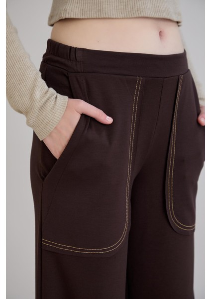 Pis Dikişli Cepli Bol Paça Eşofman Altı Kahverengi