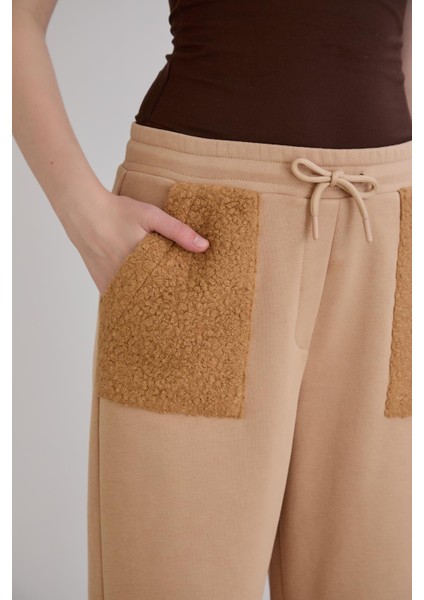 Kadın Beli Lastikli Regular Kalıp Triko Garnilli Üç Iplik Vizon Eşofman Altı