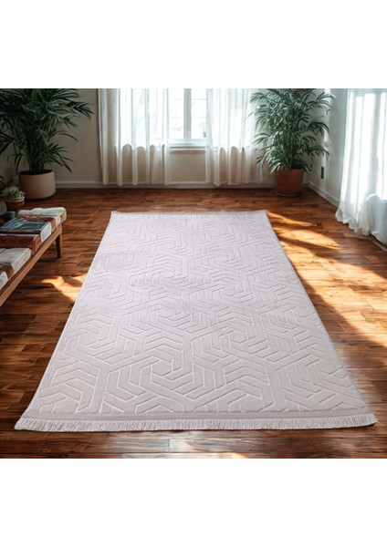 Armoni Saçaklı Kaymaz Tabanlı Kesme Kabartmalı Salon Koridor Mutfak Hali Beyaz Krem