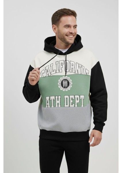 Erkek Pamuklu Yazı Baskılı Renk Üç Ip Şardonlu Basic Kapüşonlu Sweatshirt