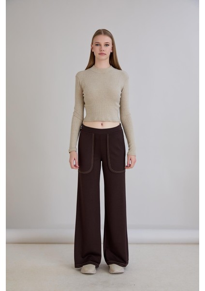 Pis Dikişli Cepli Bol Paça Eşofman Altı Kahverengi modelleri