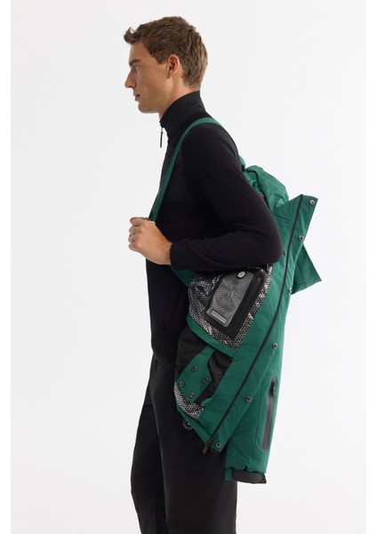 Erkek Yeşil Kapüşonlu Su İtici Rüzgar Geçirmez -20 Dereceye Dayanıklı Şişme Comfort Fit Kayak Montu A42Y6159