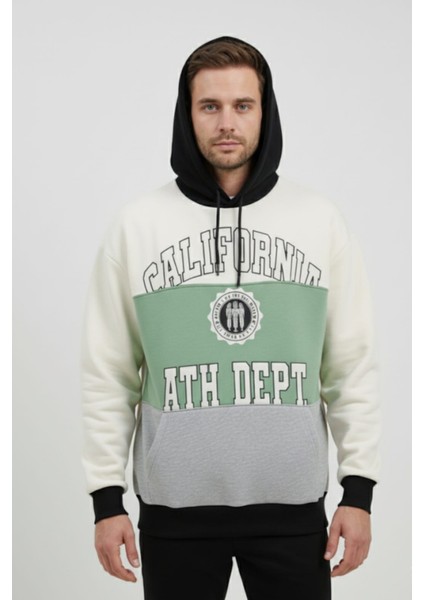 Erkek Pamuklu Yazı Baskılı Renk Üç Ip Şardonlu Basic Kapüşonlu Sweatshirt