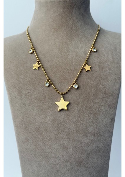 Çelik Yıldız Taşlı Burgu Kolye