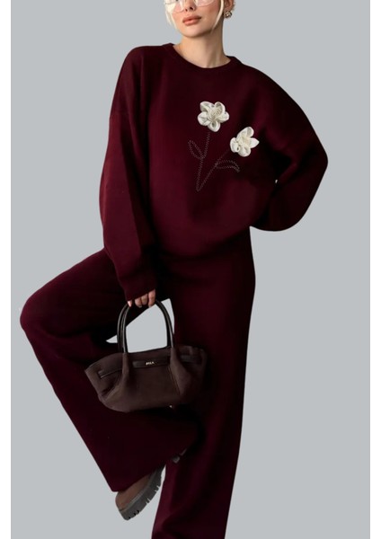 Kadın Kazak Pantolon Gül Detaylı Alt Üst Ikili Triko Takım